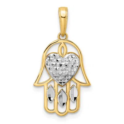 Diamond2deal 14k Yellow Gold White Rhodium Diamond-cut Heart Hamsa Pendant