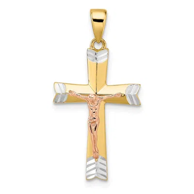 Diamond2deal 14k Yellow Gold Yellow And Rose With White Rhodium Diamond-cut Crucifix Pendant