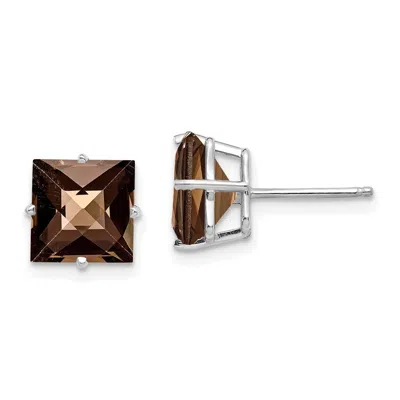 Diamond2deal 14kw Princess 4-prong 8.0mm Checker-cut Smoky Quartz Earrings In White