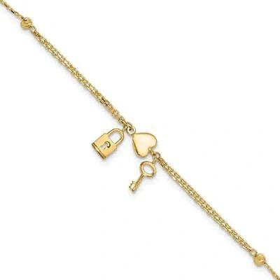 Pre-owned Diamond2deal 14k Yellow Gold Diamond-cut Heart Lock & Key Bracelet