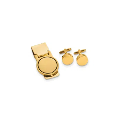 Diamond2deal Gold-tone Circular Design Engravable Cuff Link And Money Clip Set
