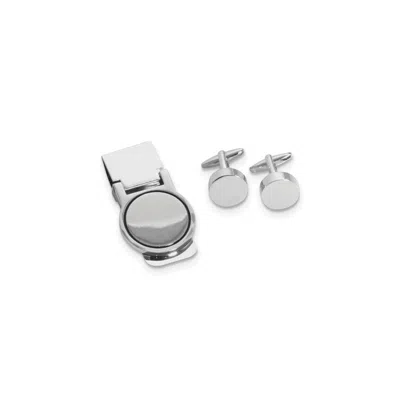 Diamond2deal Silver-plated Circular Design Engravable Cuff Link And Money Clip Set In White