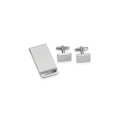 Diamond2deal Silver-plated Rectangular Engravable Cuff Link And Money Clip Set In White