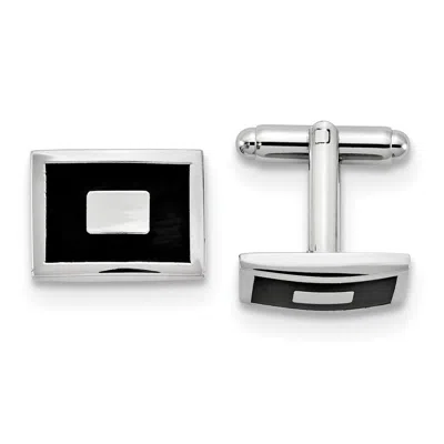 Diamond2deal Silver-tone Black Enameled Rectangular Cuff Links In Metallic