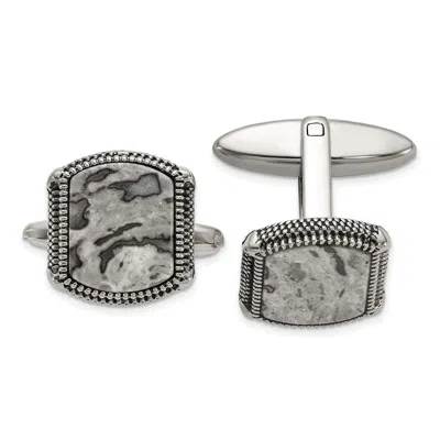 Diamond2deal Stainless Steel Antiqued And Polished Jasper Cuff Links In White