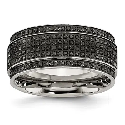 Diamond2deal Stainless Steel Polished 1/2 Ct Black Diamond Ridged Edge Band Ring In White