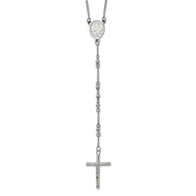Diamond2deal Stainless Steel Polished 4mm Beaded Rosary Cross Necklace 25"