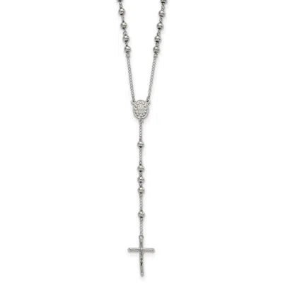 Diamond2deal Stainless Steel Polished 6mm Beaded Rosary Cross Necklace 29.5"