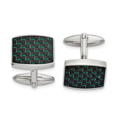 Diamond2deal Stainless Steel Polished Black And Green Carbon Fiber Inlay Cufflinks In Silver