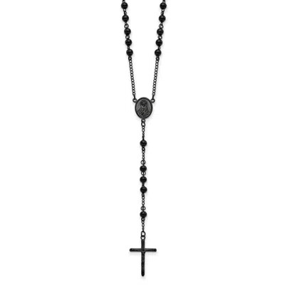 Diamond2deal Stainless Steel Polished Black Ip-plated Beaded Rosary Cross Necklace 30" In White