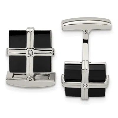 Diamond2deal Stainless Steel Polished Black Ip-plated Cubic Zirconia Square Cufflinks In Silver