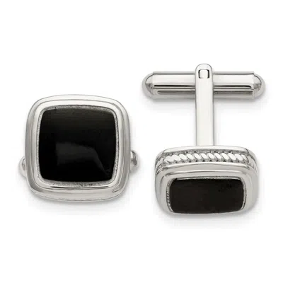 Diamond2deal Stainless Steel Polished Black Ip-plated Textured Edge Cufflinks In Silver