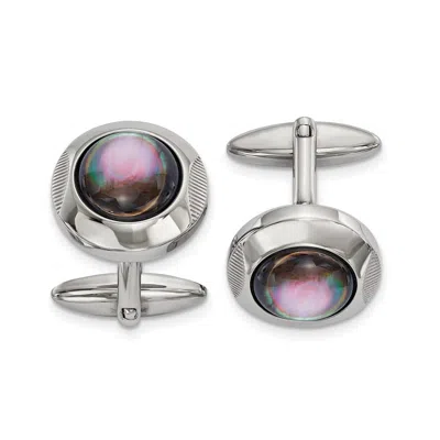 Diamond2deal Stainless Steel Polished Black Mother Of Pearl Circle Cufflinks In Metallic