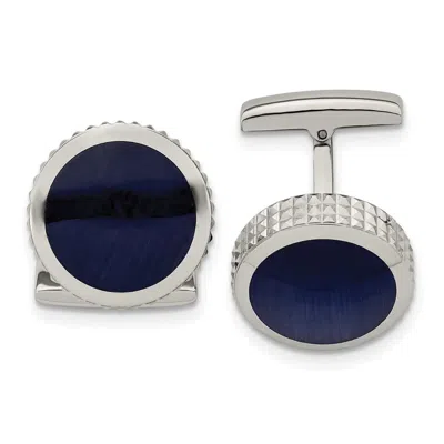 Diamond2deal Stainless Steel Polished Blue Cat's Eye Textured Edge Circle Cufflinks