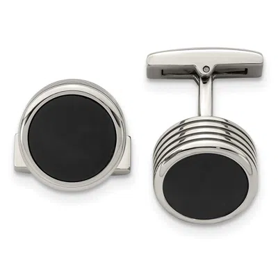 Diamond2deal Stainless Steel Polished Grooved Round Black Ip-plated Cufflinks In White
