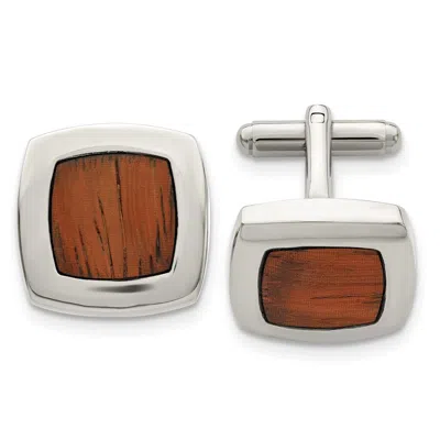 Diamond2deal Stainless Steel Polished Koa Wood Inlay Rounded Square Cufflinks In White