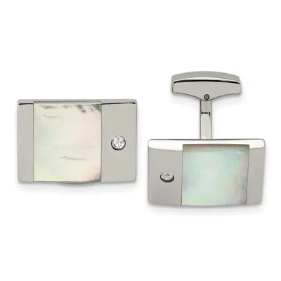 Diamond2deal Stainless Steel Polished Mother Of Pearl With Cubic Zirconia Rectangle Cufflinks