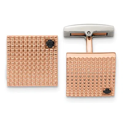 Diamond2deal Stainless Steel Polished Textured Rose Ip-plated Black Cubic Zirconia Cufflinks In Transparent