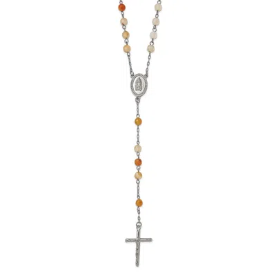 Diamond2deal Stainless Steel Polished With Agate Beads Rosary Necklace 31" In White