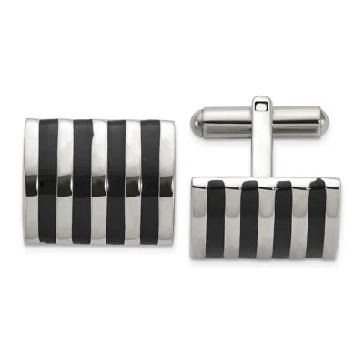 Diamond2deal Stainless Steel Polished With Black Enamel Stripes Cuff Links In White
