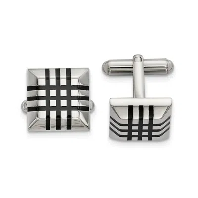 Diamond2deal Stainless Steel Polished With Black Rubber Stripes Cufflinks In Metallic