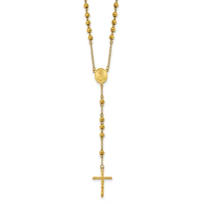 Diamond2deal Stainless Steel Polished Yellow Plated Beaded Rosary Cross Necklace 30"