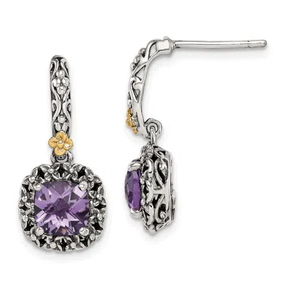 Diamond2deal Sterling Silver 14k Accent Antiqued Cushion Amethyst Dangle Earrings In White