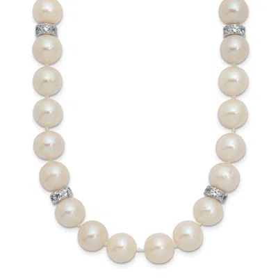 Diamond2deal Sterling Silver 9mm Near-round Cultured Pearl And Cubic Zirconia Necklace 18" In White