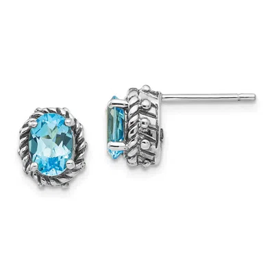 Diamond2deal Sterling Silver Antiqued Oval Blue Topaz Earrings In White