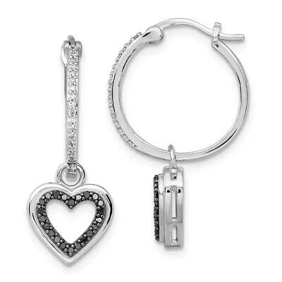 Pre-owned Diamond2deal Sterling Silver Black And White Diamond Dangle Heart Hoop Earring Gift For Women