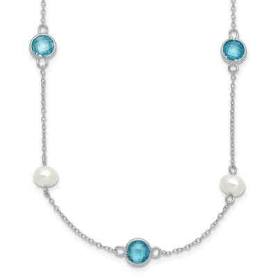 Diamond2deal Sterling Silver Blue Pineapple-cut Cubic Zirconia & Cultured Pearl 9 Station Necklace 18" In White