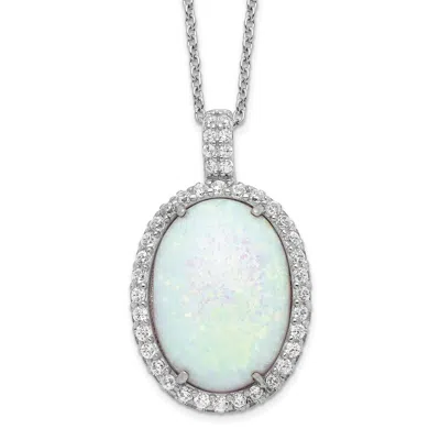 Diamond2deal Sterling Silver Cabochon Lab Created Opal And Cubic Zirconia Oval Halo Necklace 18" In White