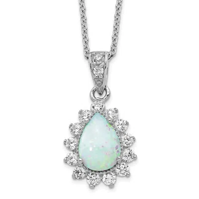 Diamond2deal Sterling Silver Cabochon Lab Created Opal And Cubic Zirconia Teardrop Halo Necklace 18" In White