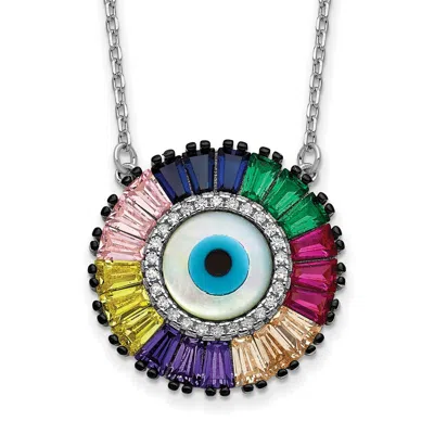 Diamond2deal Sterling Silver Colorful Cubic Zirconia And Glass Evil Eye Necklace 16" With 2 Inch Ext.