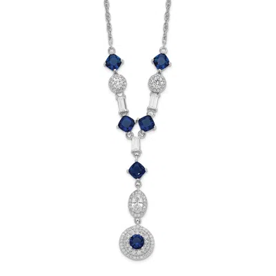 Diamond2deal Sterling Silver Cushion-cut Blue Glass And Cubic Zirconia Dangle Y-drop Necklace 18"