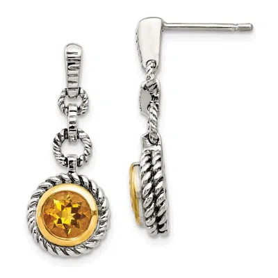 Diamond2deal Sterling Silver Flash Gold-plated Antiqued Round Citrine Dangle Earrings In White