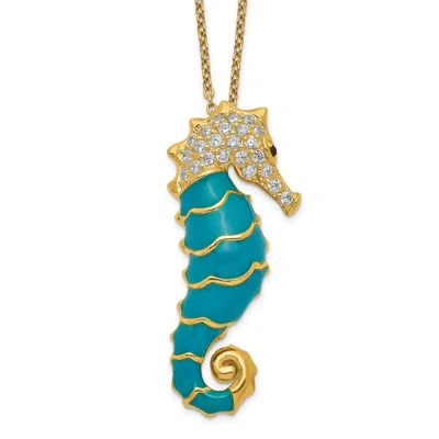 Diamond2deal Sterling Silver Gold-plated Enameled Black And White Cubic Zirconia Seahorse Necklace 18"
