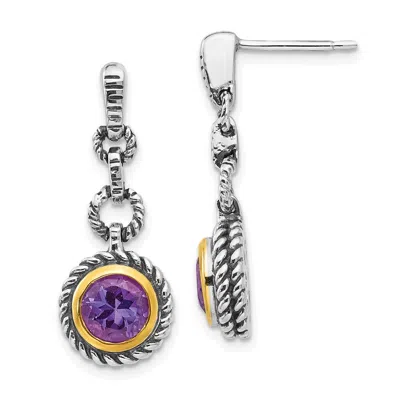 Diamond2deal Sterling Silver Gold-tone Flash Gold-plated Antiqued Round Bezel Amethyst Dangle Earrings In White