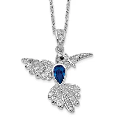 Diamond2deal Sterling Silver Lab Created Dark Blue Spinel And White Cubic Zirconia Hummingbird Necklace 18"