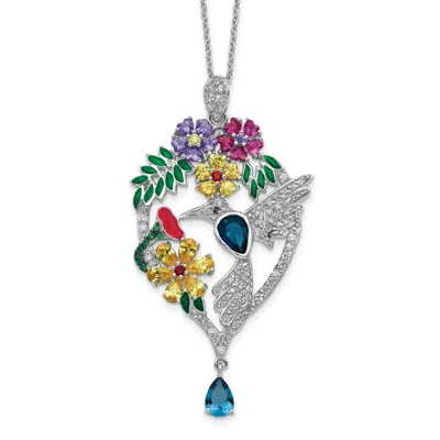 Diamond2deal Sterling Silver Multicolor Glass And Cubic Zirconia Floral Hummingbird Necklace 18"