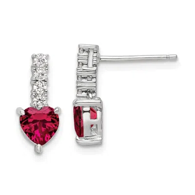 Diamond2deal Sterling Silver Polish Rhod-plated Created Ruby Heart Dangle Earrings In Pink