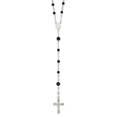 Diamond2deal Sterling Silver Polished Black Onyx Rosary Necklace 33" In White