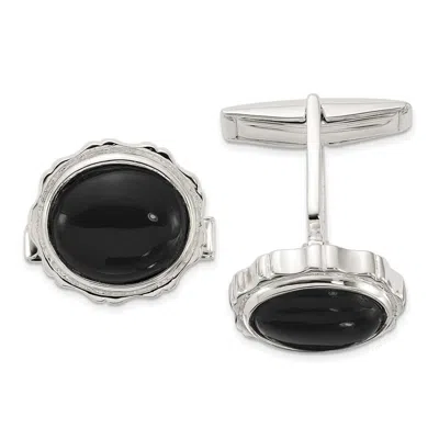 Diamond2deal Sterling Silver Polished Round With Textured Sides Onyx Cuff Links In White
