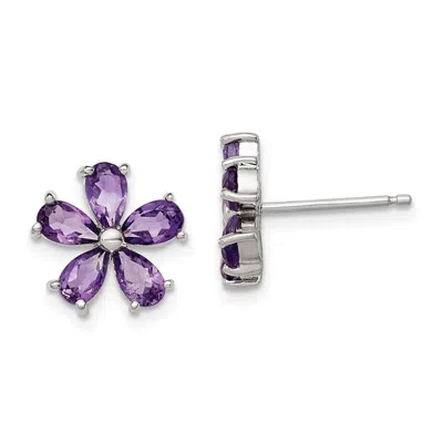Diamond2deal Sterling Silver Rhodium Plated Amethyst Floral Stud Earrings In White