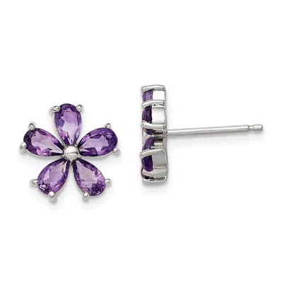 Diamond2deal Sterling Silver Rhodium Plated Amethyst Floral Stud Earrings In Transparent