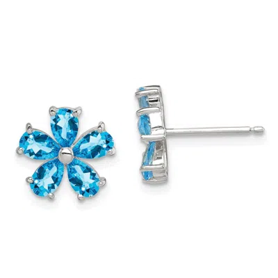 Diamond2deal Sterling Silver Rhodium Plated Blue Topaz Flower Stud Earrings In White