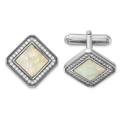 Diamond2deal Sterling Silver Rhodium-plated Cubic Zirconia And Mother Of Pearl Square Cuff Links In White