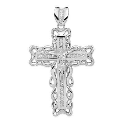 Diamond2deal Sterling Silver Rhodium-plated Cubic Zirconia Crucifix Pendant In Metallic
