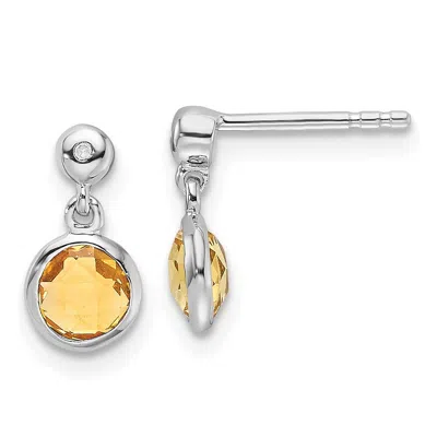 Diamond2deal Sterling Silver Rhodium-plated Diamond And Citrine Dangle Earrings In White