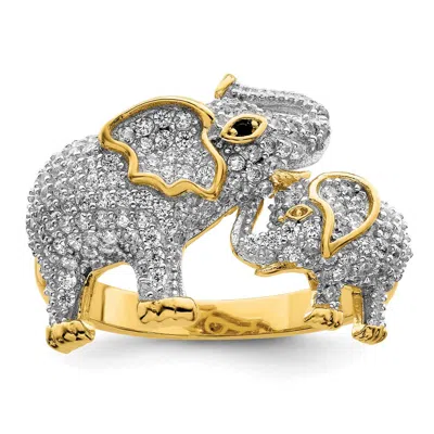 Diamond2deal Sterling Silver Rhodium-plated Gold Tone Mom & Baby Cubic Zirconia Elephants Ring In White